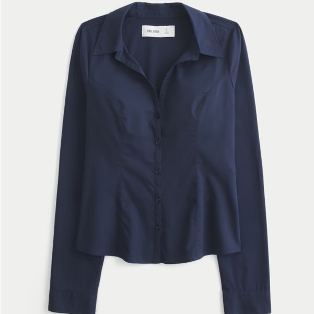 Hollister Button Through Poplin Shirt - Navy Blue